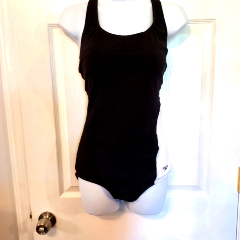 Speedo One Piece Swimsuit Black and White 10 Sporty Preppy Modest